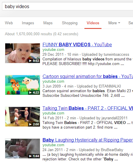 search for baby videos in Google