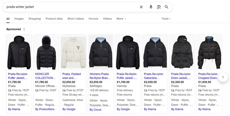 Google shopping results for prada winter jackets